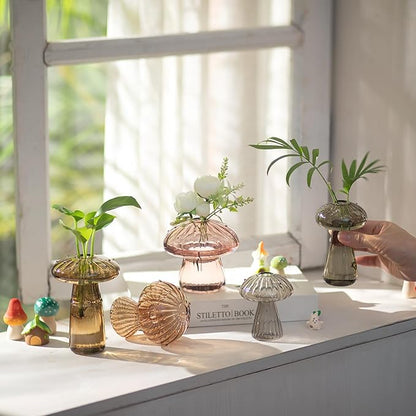 Glasseam Mushroom Glass Planter for Plants: Set of 5 Handmade Plant Propagation Stations - Fall Colored Small Hydroponic Terrarium Jars for Home Decor for Plant Lovers