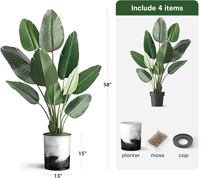 Artificial Tree in Contemporary Planter, Fake Bird of Paradise Silk Tree for Indoor and Outdoor Home Decoration - 58" Overall Tall (Plant Pot Plus Tree)