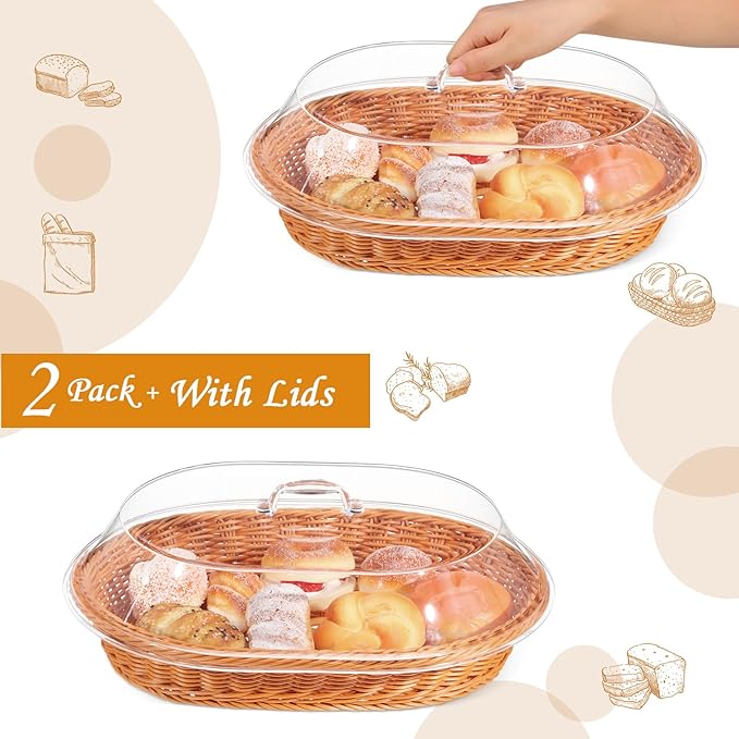 Hushee 2 Set Imitation Rattan Bread Basket with Lid Wicker Bread Baskets for Serving Woven Fruit Basket with Cover Oval Food Baskets for Food Vegetables Display(15.75 x 11.81 Inch)