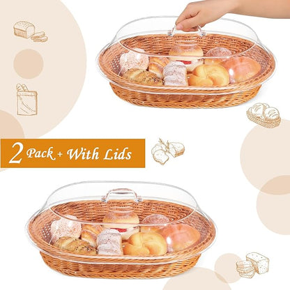 Hushee 2 Set Imitation Rattan Bread Basket with Lid Wicker Bread Baskets for Serving Woven Fruit Basket with Cover Oval Food Baskets for Food Vegetables Display(15.75 x 11.81 Inch)
