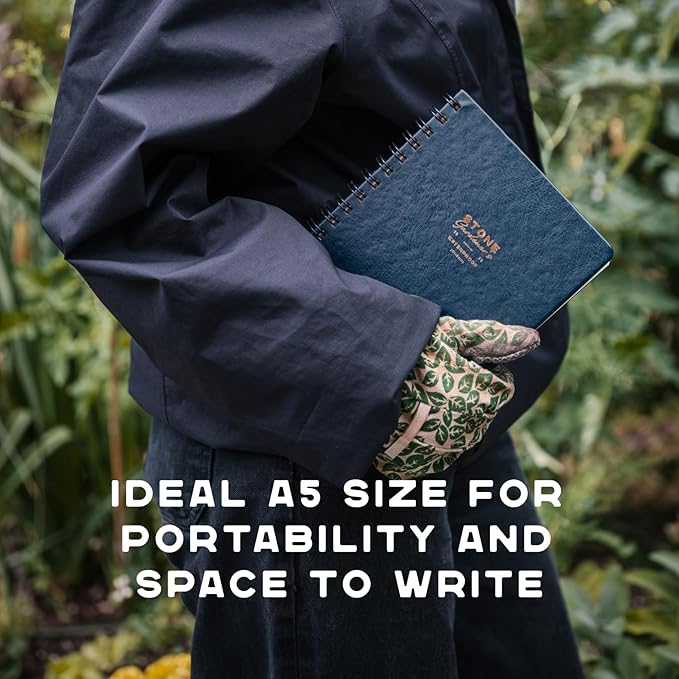 Stone Weatherproof Journal Gardening Notebook – A5 Ring-Bound, Vegan Leather Cover, Waterproof Paper, 128 Pages Half Grid & Dot Grid, Garden Planner with Plant-Spacing Resources (Navy Blue)