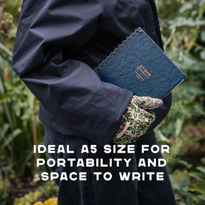Stone Weatherproof Journal Gardening Notebook – A5 Ring-Bound, Vegan Leather Cover, Waterproof Paper, 128 Pages Half Grid & Dot Grid, Garden Planner with Plant-Spacing Resources (Navy Blue)