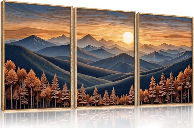 HOURIA Boho Wilderness Sunset Woodland Mountain Framed Canvas Wall Art Set,Vintage Golden Hour Forest Landscape Decor,Natural Modern Pine Tree Botanical Artwork for Living Room,Farmhouse- 16"x24"x3
