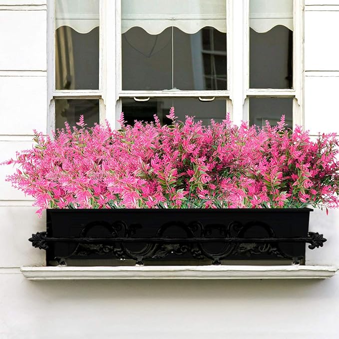 20 Bundles Artificial Lavender Flowers Outdoor UV Resistant Fake Flowers No Fade Faux Plastic Plants Garden Porch Window Box Decorating (Pink)