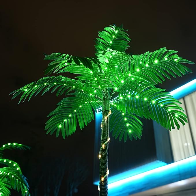 Artificial Palm Tree Christmas Tree 7Ft 3Trunks 260LED Lighted Simulation Tropical Palm Tree Fake Plant Light for Patio Home Office Beach Yard Cruise Hawaiian Party Tiki Bar Decorations - Electric