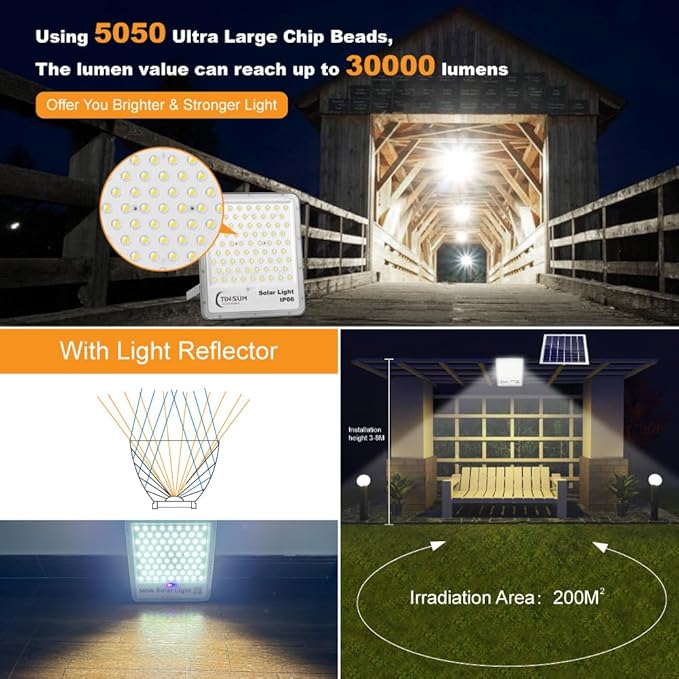 TINSUM Solar Flood Lights Outdoor, 2 Pack 600w Solar Street Light IP67 Waterproof 32000LM White LED Dusk to Dawn Security Commercial Lighting for Parking Lot,Stadium,Patio,Barn,Garage,Pathway