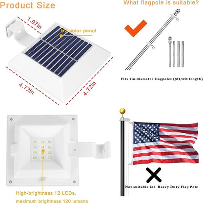 Solar Flag Pole Light, Bright White 6000k Flagpole Light Upgrade Solar Powered for 5ft 6ft Flag Pole,Waterproof Outdoor Dusk to Dawn Led Solar Lights,Outside House Garden Yard American Flags Decor