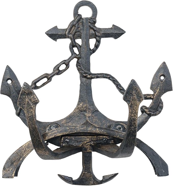MyGift Wall Mounted Hose Holder, Nautical Cast Iron Garden Water Hose Reel, Decorative Seaside Boat Dock Themed Hook for Hanging Gardening Equipment (Ship Anchor)