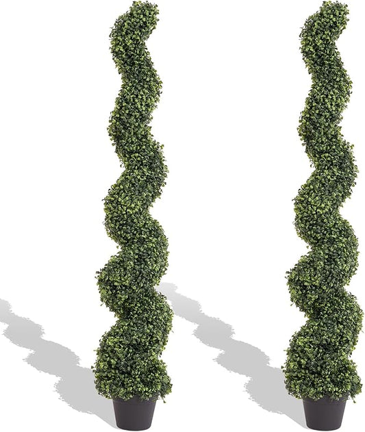 THE BLOOM TIMES 5ft Tall Spiral Topiary Trees Artificial Outdoor Set of 2, UV Resistant Large Faux Evergreen Fake Boxwood Plants for Front Porch Outside Planter Entryway Entrance Decor 5 Foot