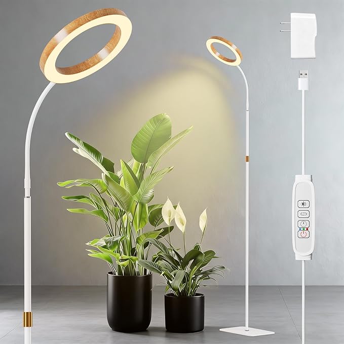 One Head Grow Light for Indoor Plants Full Spectrum - Floor Standing Plant Lamp with Auto Timer 6/12/18H, 5-Level Dimmable & Adjustable Height 16.5-68in for Large Tall Plants | Faux Wood Design