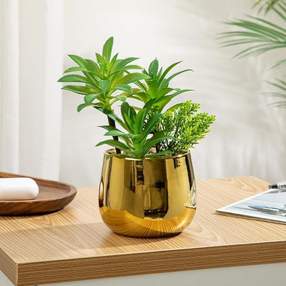 Briful Artificial Succulents Plants in Ceramic Pots, 2 Pack Faux Succulent Set with Gold Planters – Modern Desk Decor for Home Office Shelf Bathroom, Small Fake Plants Potted