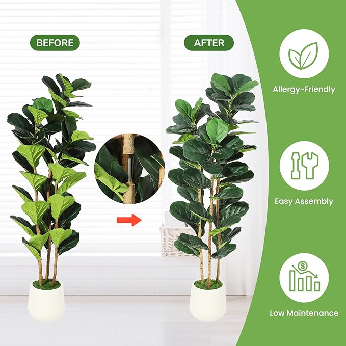 5ft Faux Fiddle Leaf Fig Tree with White Planter, Floor Fake Plants, Realistic Artificial Plants for Home Office Living Room Decor, Housewarming Gift