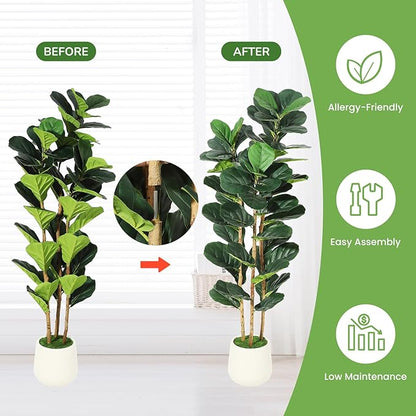 5ft Faux Fiddle Leaf Fig Tree with White Planter, Floor Fake Plants, Realistic Artificial Plants for Home Office Living Room Decor, Housewarming Gift