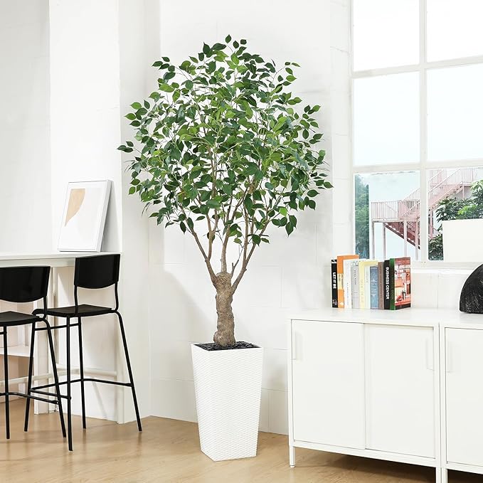 Ficus Artificial Trees Indoor Outdoor, 7ft Tall Fake Plants, Fake Ficus Silk Tree for Home Office Garden Patio Outdoor Modern Decor, 1 Pack