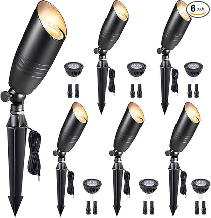 Gardenreet Low Voltage Spot Lights - Black Solid Brass Landscape Spotlight Wired, 12V Outdoor LED Bullet Uplights, Waterproof Electric for Patio Wall with 4000K Bright White MR16 Bulb (6 Pack)