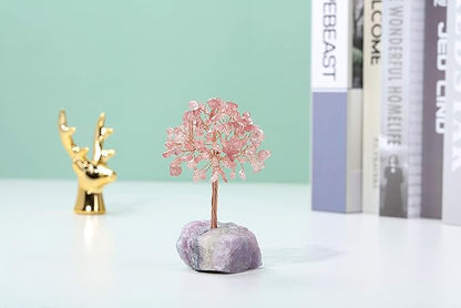 Jovivi Natural Strawberry Quartz Crystal Tree, Raw Healing Crystals Fluorite Base Bonsai Money Tree for Home Office Table Decor Wealth and Luck