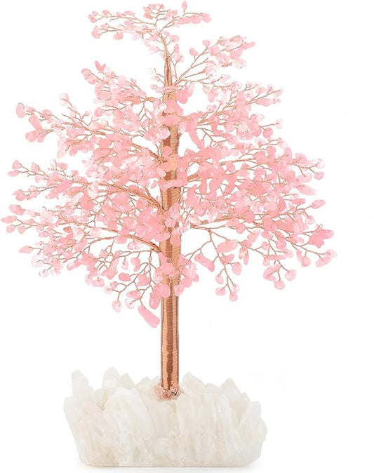 Rose Quartz Gemstone Crystal Tree of Life - Clear Quartz Base,Chakra Tree Positive Energy,Bonsai Money Tree Feng Shui Decor,Emotional Healing Crystal of Love, Spiritual Gift