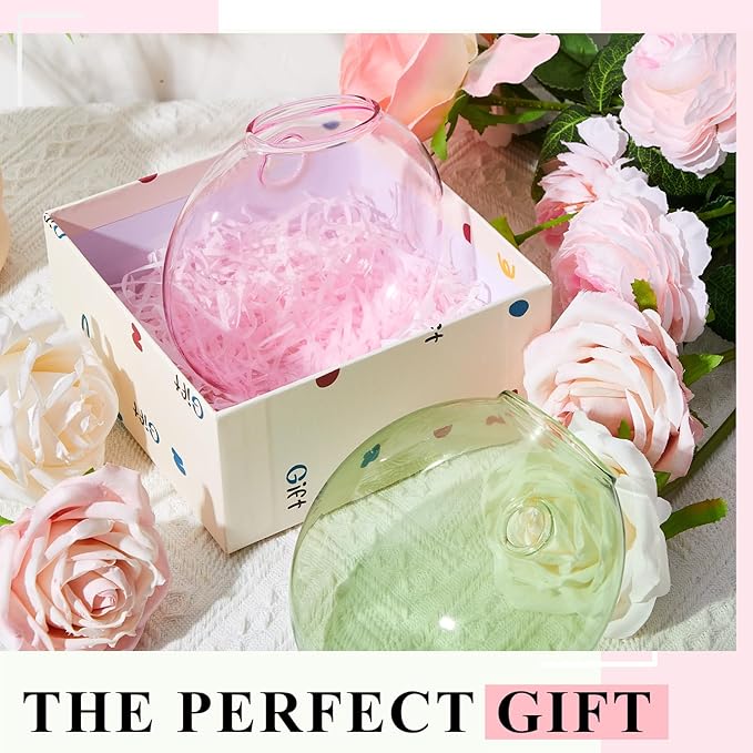 LemonRoad 2 Pcs Wall Hanging Glass Planter Gifts for Plant Lovers Pink Green Glass Terrariums Planter Oblate Wall Vases for Flowers Hydroponics Plant Propagation Station for Home Office Room Decor