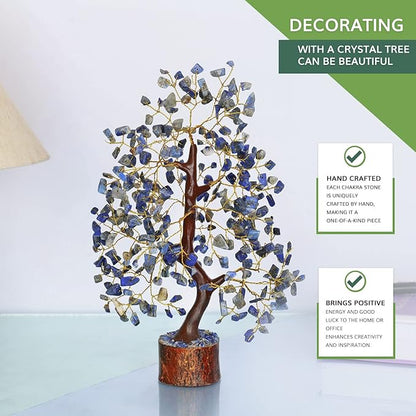 NARIBABU Lapis Lazuli Crystal Tree – 10-12 Inch Gemstone Tree with Golden Wire & Wooden Base – Healing Crystals Decor, Gifts for Her, Birthday Gift for Women, Spiritual Energy