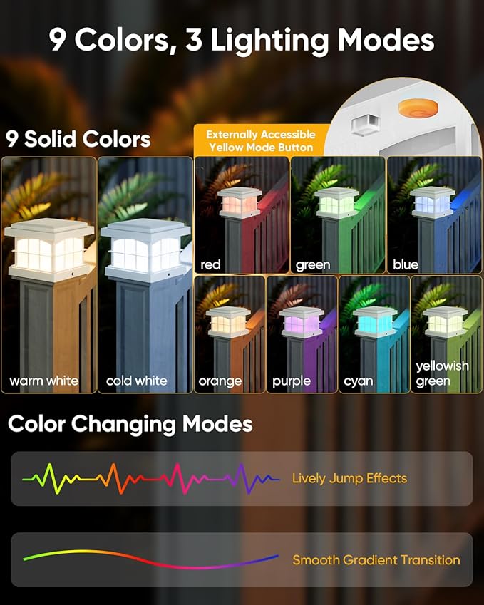 PARTPHONER RGBCW Solar Post Cap Lights 8-Pack, 9 Colors 3 Modes Fence Cap Lights, Bright Solar Outdoor Waterproof LED Deck Lighting for Fence Garden Deck Patio Porch Decor 4x4 Vinyl/Wood, White