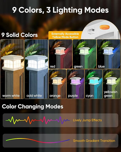 PARTPHONER RGBCW Solar Post Cap Lights 8-Pack, 9 Colors 3 Modes Fence Cap Lights, Bright Solar Outdoor Waterproof LED Deck Lighting for Fence Garden Deck Patio Porch Decor 4x4 Vinyl/Wood, White