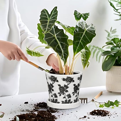 Ceramic Pot for Indoor Plants - 5.5 inch Flower Pot for Plants with Drainage Holes and Saucer Ice Crack Diamond Rose Flower Pattern Ceramic Planter for Outdoor Indoor Herb Snake Plant (Black & White)