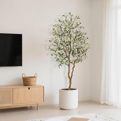 6 Ft Artificial Olive Trees, Fake Potted Silk Plant Faux Olive Tree with Trunk and Fruits, Indoor Outdoor Artificial Tree Large Olive Plants for Living Room Home House Office Decor