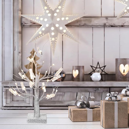Mudder Money Holder Tree Present Card Holder with 12 Clear Clips LED Birch Twig Lights Tabletop Display Tree for Christmas, Valentines, Memo, Photo, Wedding(Stylish Style,Silver, Warm White)