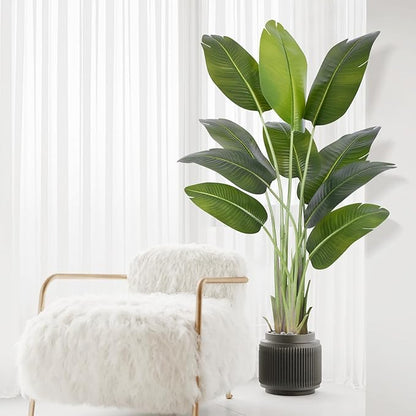 Artificial Bird of Paradise Plant 5Ft Tall Fake Tropical Palm Tree Large Fake Plants with 10 Silk Banana Leaves Faux Plant Indoor Decor Trees with White Pot for Home Bedroom Living Room Office