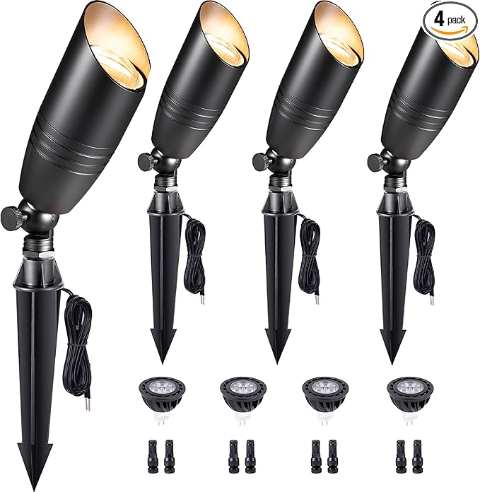 Gardenreet Brass Landscape Lighting - Black Low Voltage Spotlights Outdoor LED, 12V Wired Uplights, Waterproof Spot Lights for Outside Trees with 5W 5000K Daylight MR16 Bulb (4 Pack)