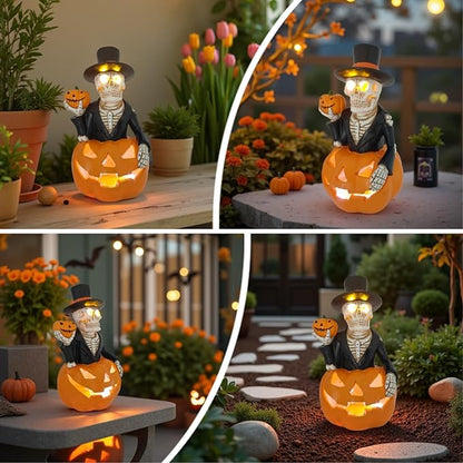Solar Outdoor Decorations Wizard Skeleton with Pumpkin Figurine Lights, Fall Pumpkin Garden Decor for Yard Patio Porch Balcony, LED Skull Gothic Party Accessories, Home Gift for Thanksgiving Harvest