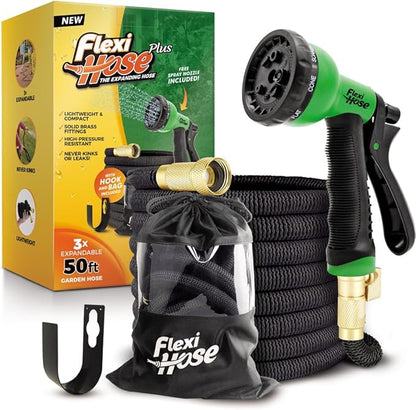 Flexi Hose Plus Expandable Garden Hose with 8 Function Nozzle, 50FT - Lightweight Retractable Garden Hose, Water Hose - No-Kink Flexibility, 3/4 Inch Solid Brass Fittings Includes Hook & Bag