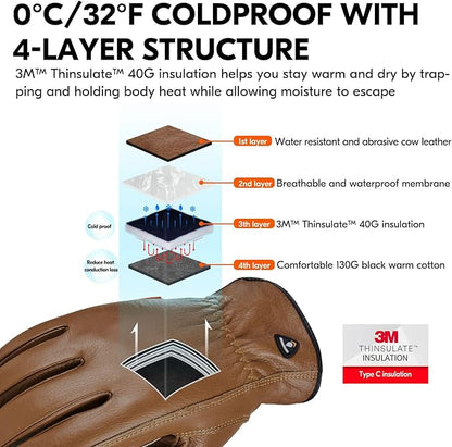 Vgo... 1Pair 0℃/32°F Winter Cow Grain Leather Work Gloves, Cold Weather Waterproof Safety Work Gloves(Size L,Brown,CA9597FLWP)