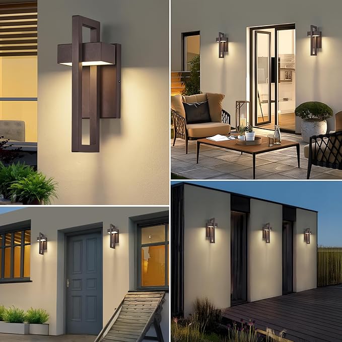 tewei 16.5'' Modern LED Outdoor Wall Sconce, Integrated LED Outdoor Light Fixtures Wall Mount Exterior Lights, Brown Front Porch Outside Lighting for House, Backyard, Warm White 3000K, 2 Pack