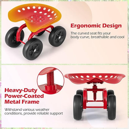Garden Cart with Seat, Heavy-Duty Rolling Outdoor Wagon Scooter w/Height Adjustable & 360° Swivel Seat, Gardening Work Seat Stool, Patio Scooter on Wheels for Lawn Yard Planting(Red)