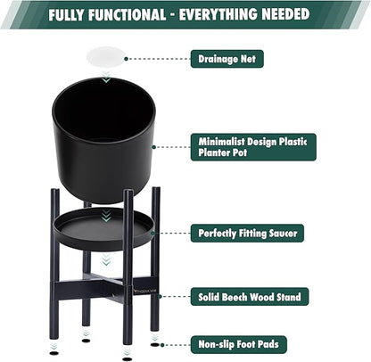 D'vine Dev Planter Pot with Stand - 14 Inch Plastic Cylinder Flower Pot with Wood Planter Holder for Indoor, Matte Black Pot + Ebony Stand, 55-C-T-2