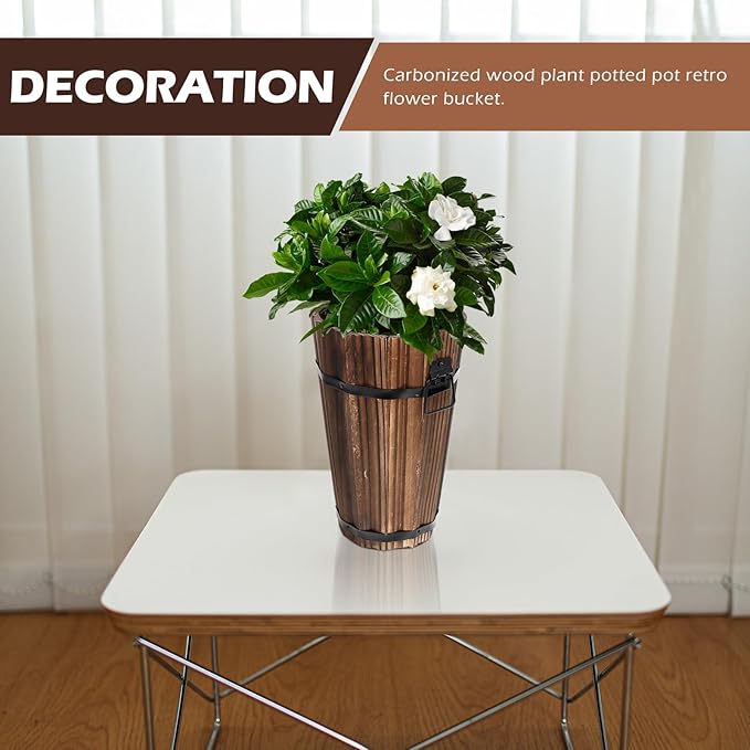 Retro Style Wooden Flowerpot Vintage Carbonized Small Planter Bucket for Garden Balcony Unique Rustic Plant Container