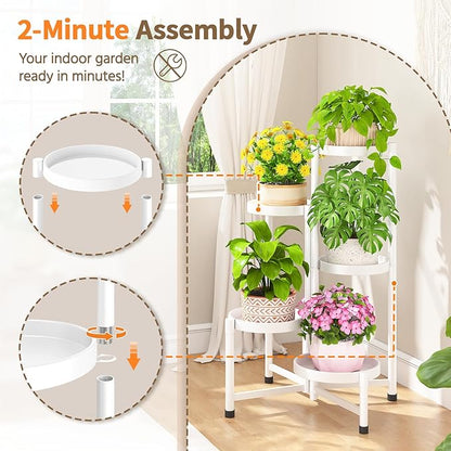 LASZOLA 5 Tiered Folding Tall Plant Stand Indoor for Multiple Large Planter, Heavy Duty Metal Adjustable Flower Rack for Narrow Corner, Sturdy Vertical Spiral Shelving Holder for Modern House, White