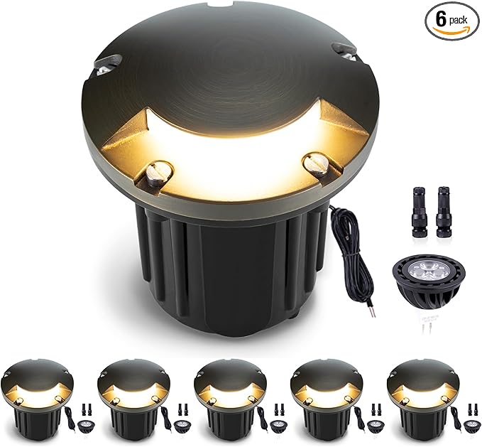 Gardenreet Landscape In Ground Well Lights - Brass Ip65 Electric LED Low Voltage Lights, 12V Wired Fixture, Antique Bronze for Patio Driveway Walkway with 5000K Daylight White MR16 Bulb