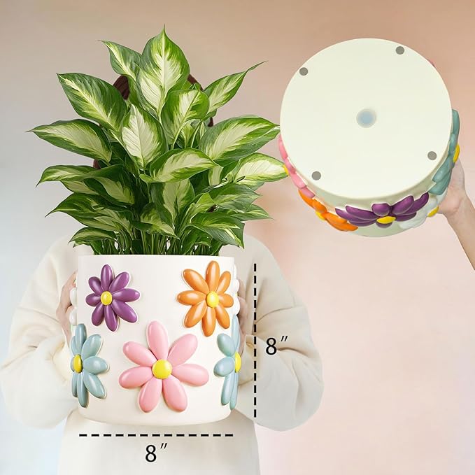 GUGUGO 8 Inch Daisy Planters, Decorative Large Plant Pots with Drainage Holes, Funny Unique Flower Pot for Indoor Plants, Colorful Gardening Pot for Boho Modern Home Décor, Green