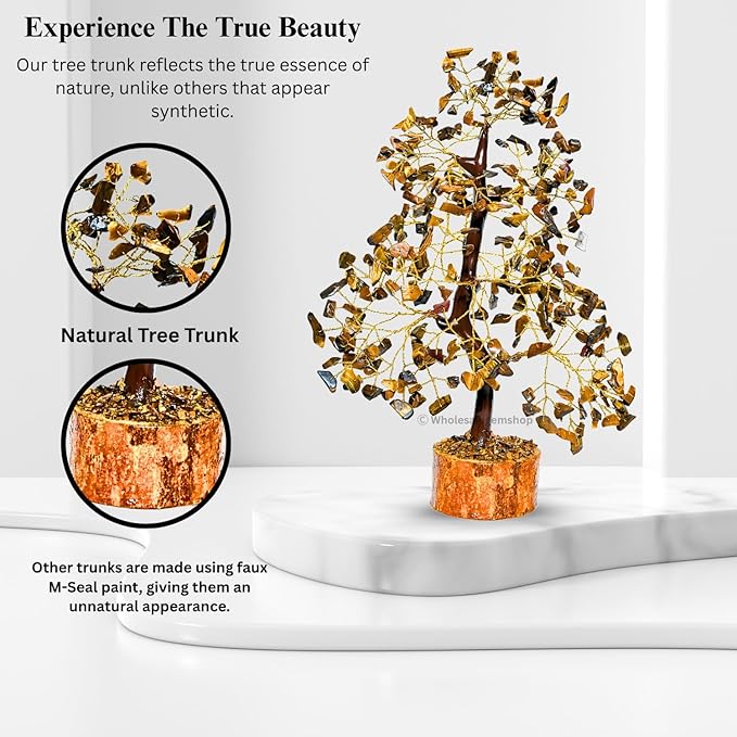 GEMSCITE Tiger Eye Crystal Tree with Golden Wire – Handcrafted Feng Shui Gemstone Bonsai for Energy & Protection