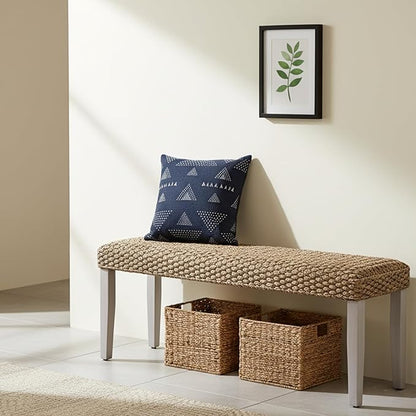 Solid Wood Acacia Bench with Natural Woven Seat, Boho Bench Entryway, Wood Bench for Living Room, Porch Lawn Garden Yard or Entryway (Plait Style - Grey Leg, Water Hyacinth)