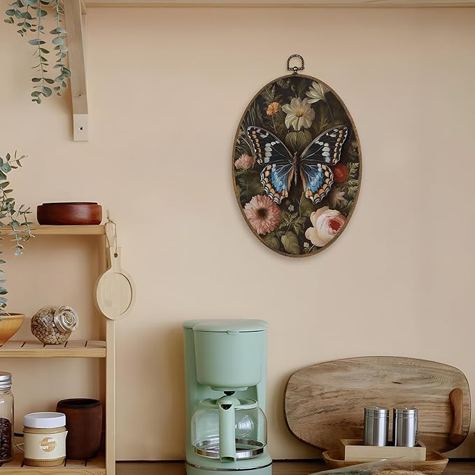 LKETW Vintage Butterfly Floral Oval Wall Art Decor, William Morris Butterfly Oval Canvas Hanging Decor, Cottagecore Moth Flower Botanical Wall Decorations for Home Bedroom Living Room, 8.6x11.4 Inch