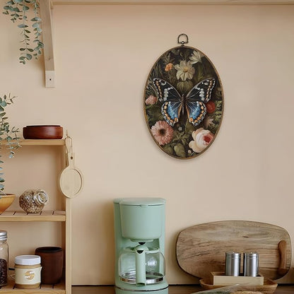 LKETW Vintage Butterfly Floral Oval Wall Art Decor, William Morris Butterfly Oval Canvas Hanging Decor, Cottagecore Moth Flower Botanical Wall Decorations for Home Bedroom Living Room, 8.6x11.4 Inch