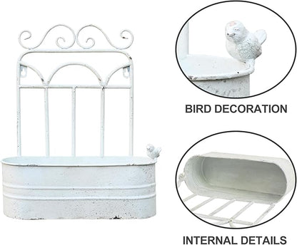 Rustic Metal Wall Planter Vintage Wall Mounted Flower Pot Distressed Wall Hanging Plant Basket Farmhouse Wall Decor for Indoor Outdoor Garden Home Yard (White)