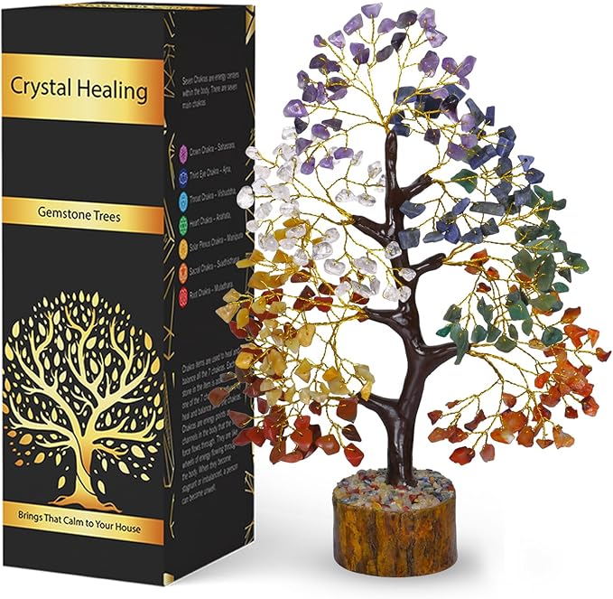 NARIBABU 7 Chakra Crystal Tree with 300 Gemstones – 10-12 Inch Energy Tree with Golden Wire & Wooden Base – Gifts for Her, Healing Crystals Decor, Birthday Gift for Women