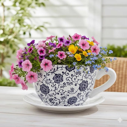 7.5" Ceramic Teacup Planter Pot with Saucer | Ideal for Succulents, Orchids, Herbs & Flowers | Indoor Use| Thoughtful Gift for Birthday, Gift Basket, Sympathy & More – White Blue Floral Teacup Planter