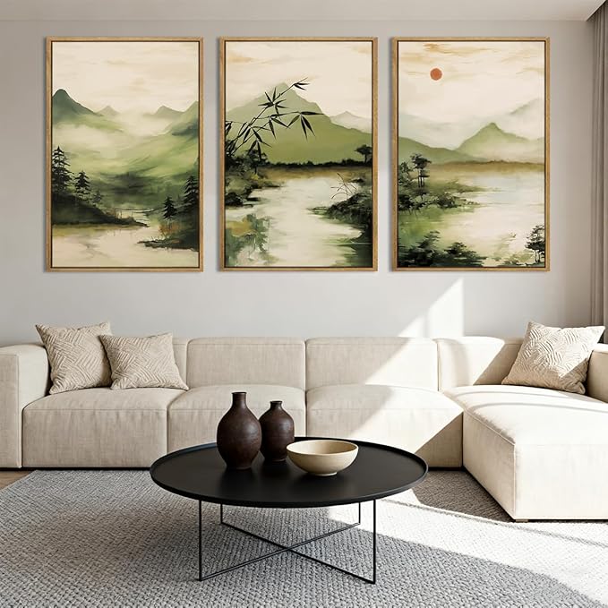 ANHUIB Green Mountain Wall Art Japanese Misty Landscape Wall Decor Foggy Forest Painting 16x24 Inch for Living Room Bedroom Bathroom