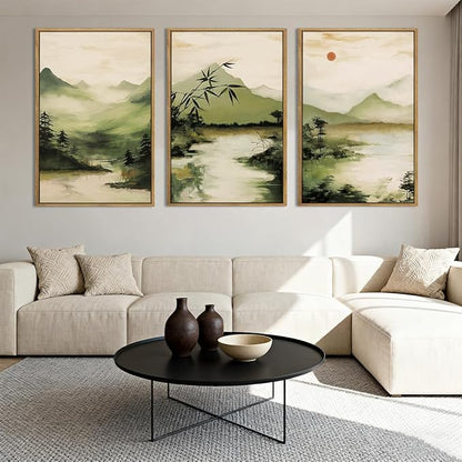 ANHUIB Green Mountain Wall Art Japanese Misty Landscape Wall Decor Foggy Forest Painting 16x24 Inch for Living Room Bedroom Bathroom