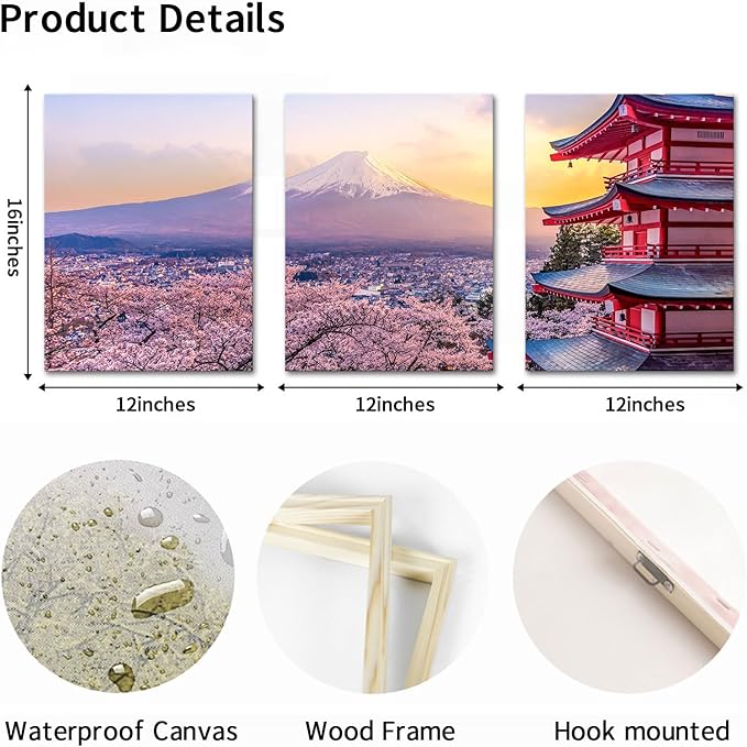 AoArtWZ Mount Fuji Canvas Wall Art Kyoto Cherry Blossom Japanese Landscape Pictures Print Artwork for Home Office Living Room Decor Framed 12" x 16" x 3Pcs